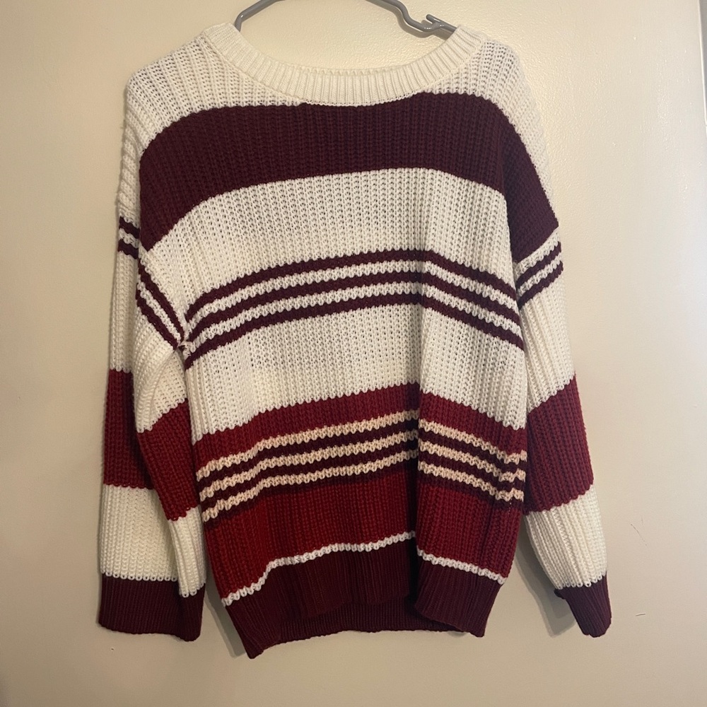 Striped Maroon and Cream Knit Sweater - Women